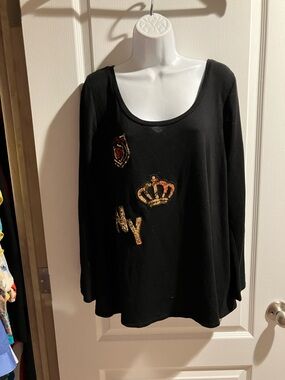 Lane Bryant Black Long Sleeve Scoop Neck Top with Gold Sequin Accents